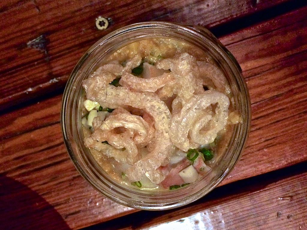 Boudin grits, pickled shrimp, fried pig skin